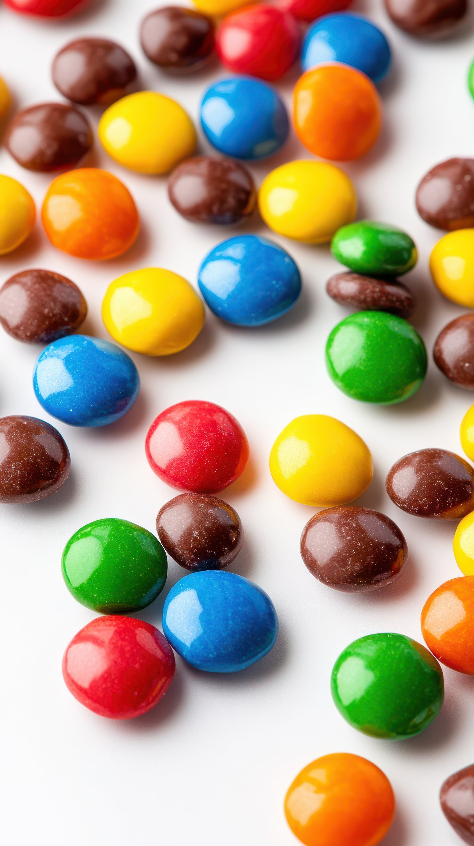 Colorful chocolate candies scattered on a white surface suitable for a sweet treat or festive celebration